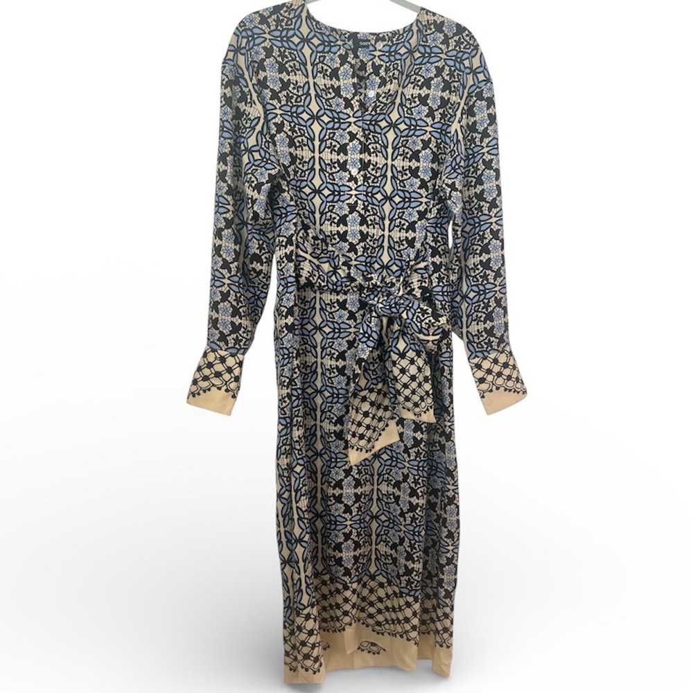 GOEN.J Silk Geometric‎ Floral Tile Print Midi Dress Blue Black Cream US 8